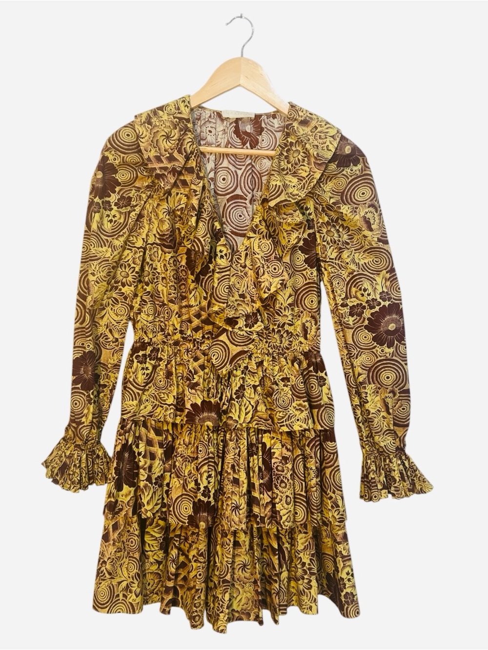 Ulla Johnson Lola Mini Dress Sz 4  Brown Gold Floral Cotton Poplin Tiered